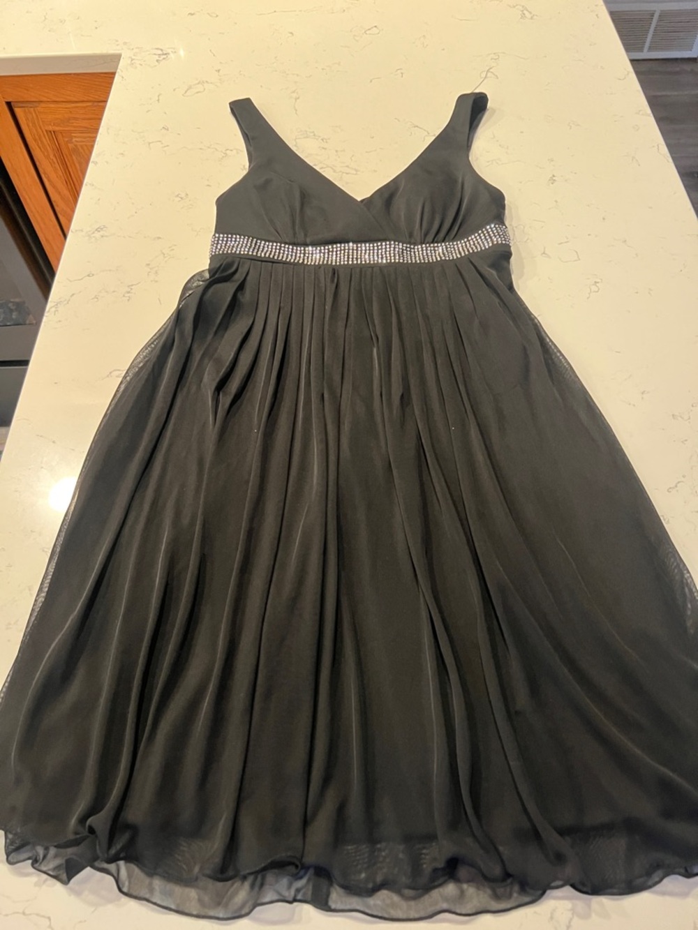 Trixxi Black Sleeveless V-Neck Midi Dress with Rhinestone Waist